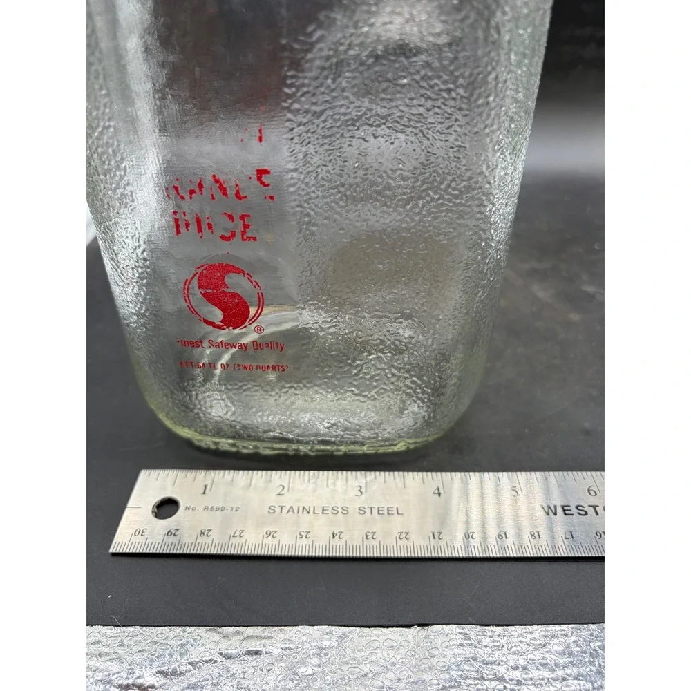 Vintage Safeway Orange Juice Glass Bottle 64 oz Two Quart Stippled Glass Lid